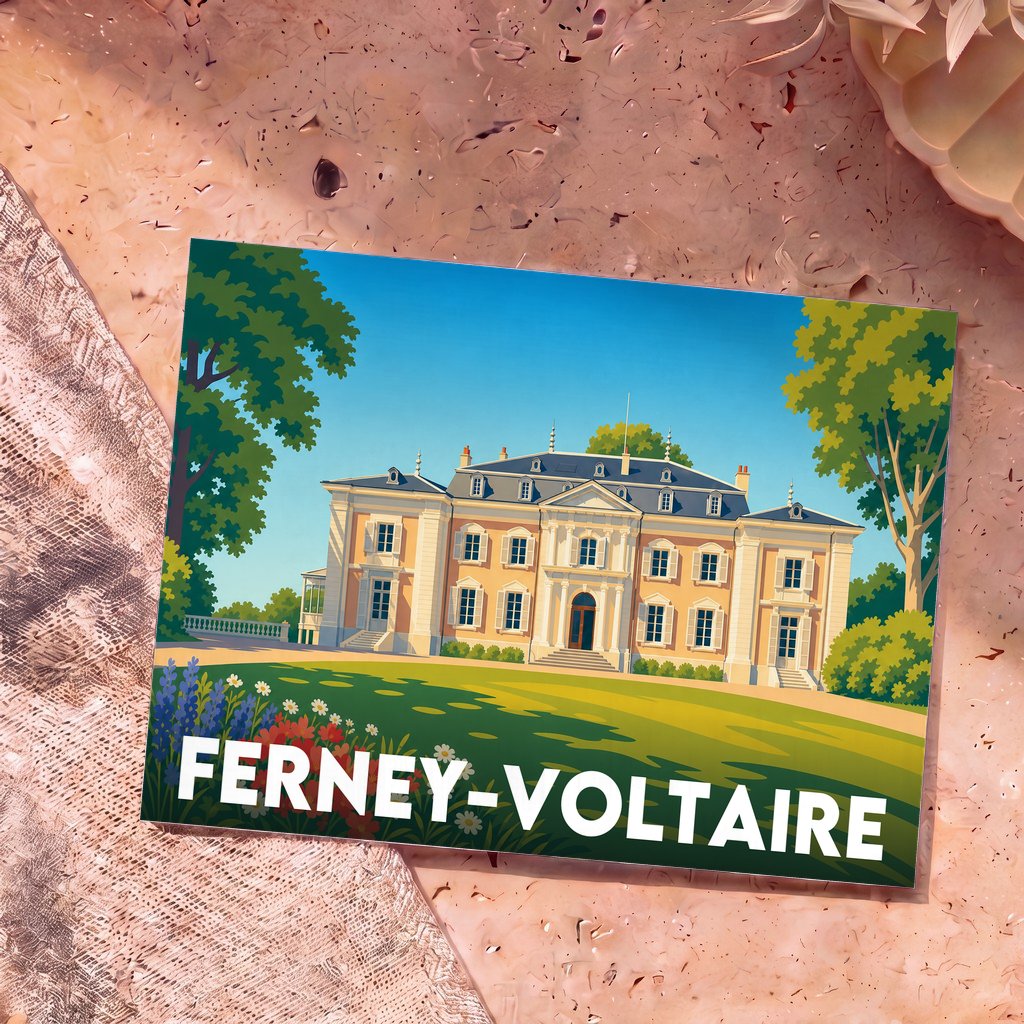 Carte postale souvenir de la ville de Ferney-Voltaire illustrant son château dans un style graphique épuré.
