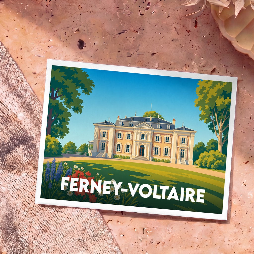 Carte postale souvenir de la ville de Ferney-Voltaire illustrant son château dans un style graphique épuré.