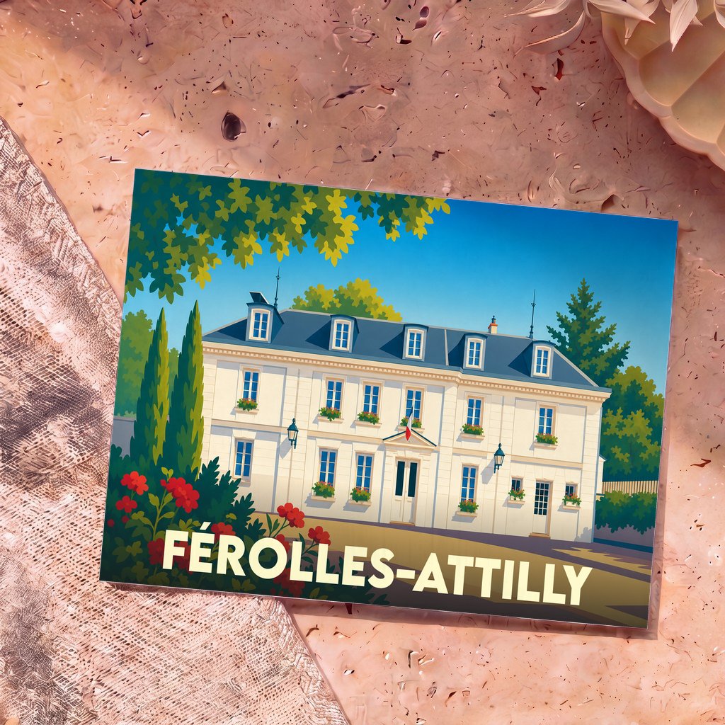 Carte postale souvenir de la ville de Férolles-Attilly avec une illustration stylisée de sa mairie.