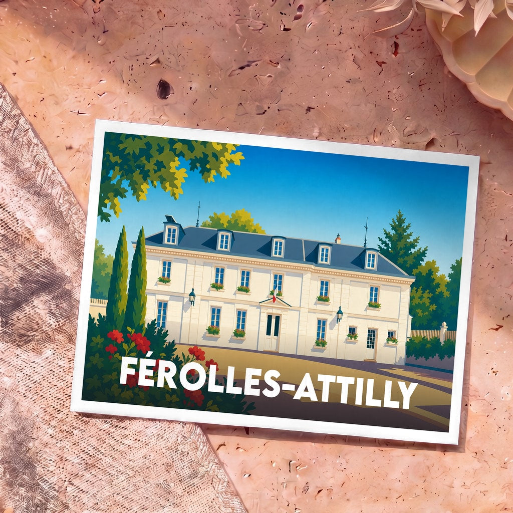 Carte postale souvenir de la ville de Férolles-Attilly avec une illustration stylisée de sa mairie.