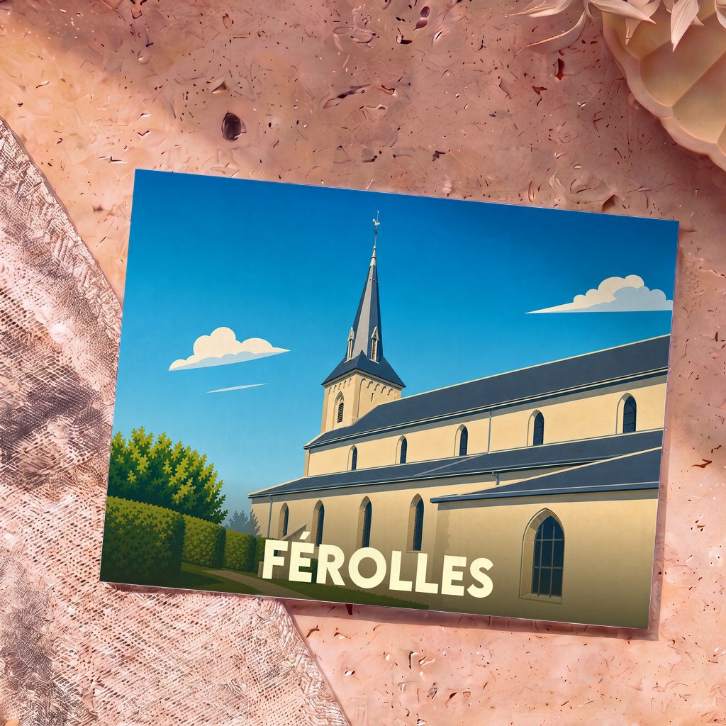 Carte postale souvenir de la ville de Férolles illustrant son église dans un style graphique épuré.