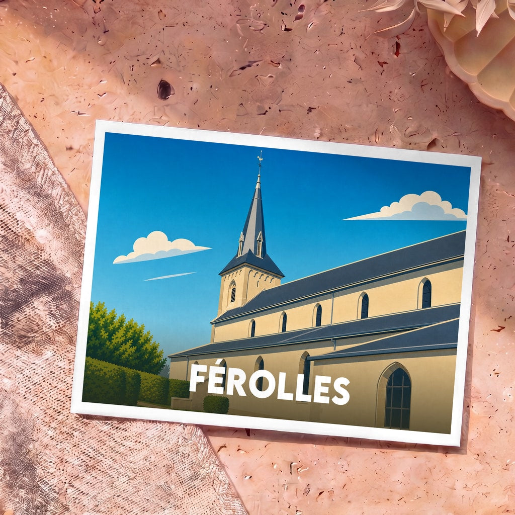 Carte postale souvenir de la ville de Férolles illustrant son église dans un style graphique épuré.