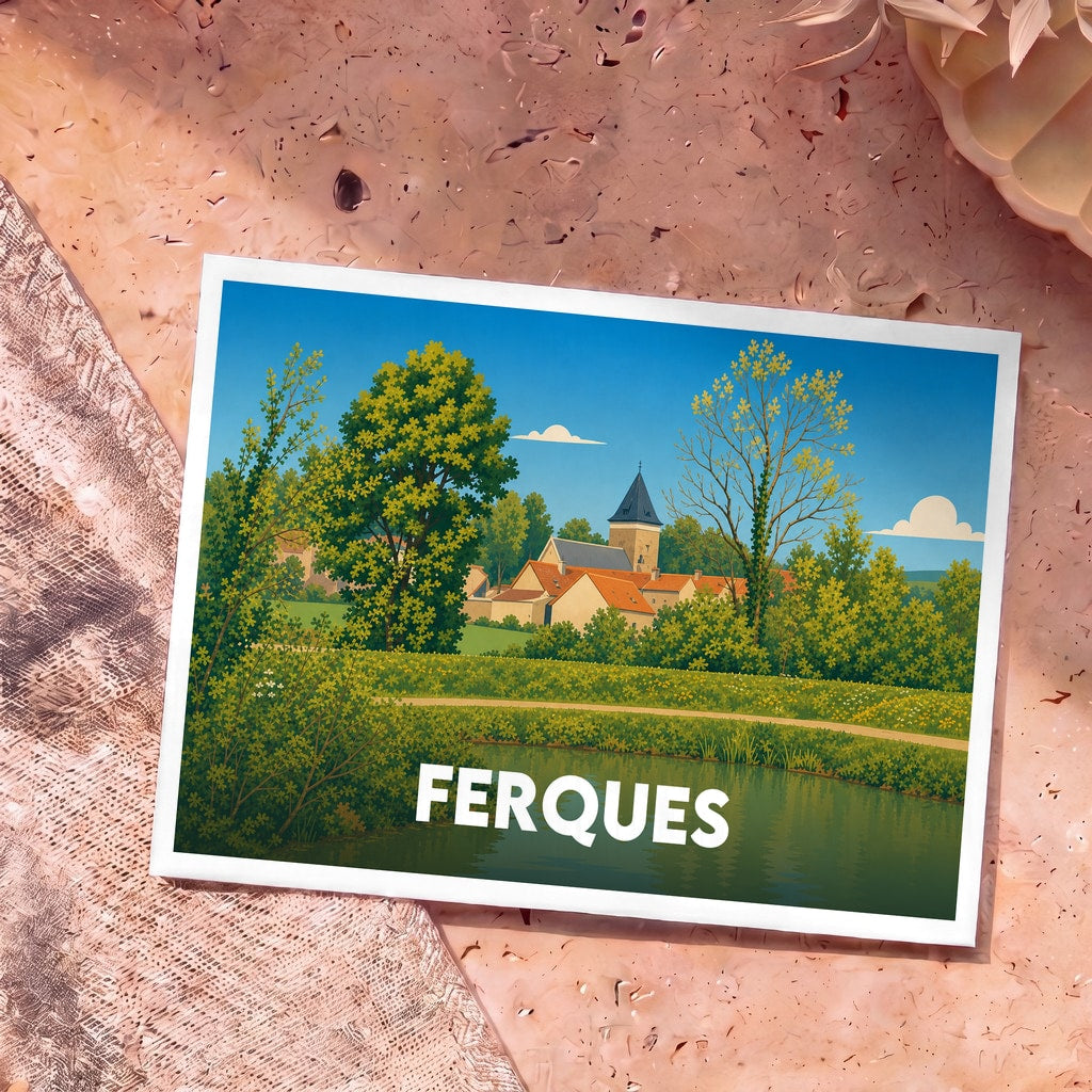 Carte postale souvenir de la ville de Ferques avec une illustration stylisée d'un village paisible au bord de l'eau.