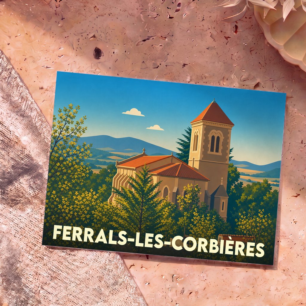 Carte postale souvenir de la ville de Ferrals-les-Corbières avec une illustration stylisée d'une église et de paysages vallonnés.