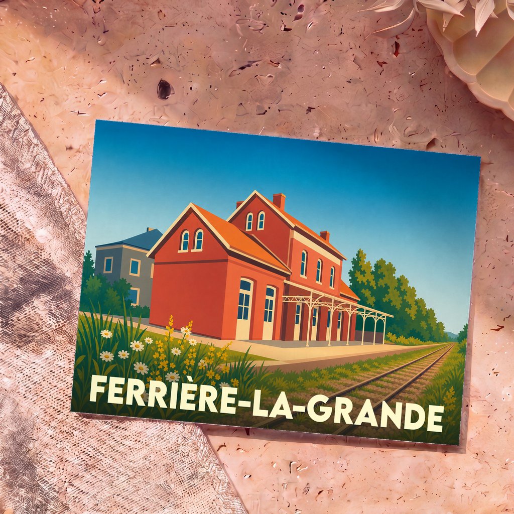 Carte postale souvenir de la ville de Ferrière-la-Grande illustrant sa gare ferroviaire dans un style graphique épuré.