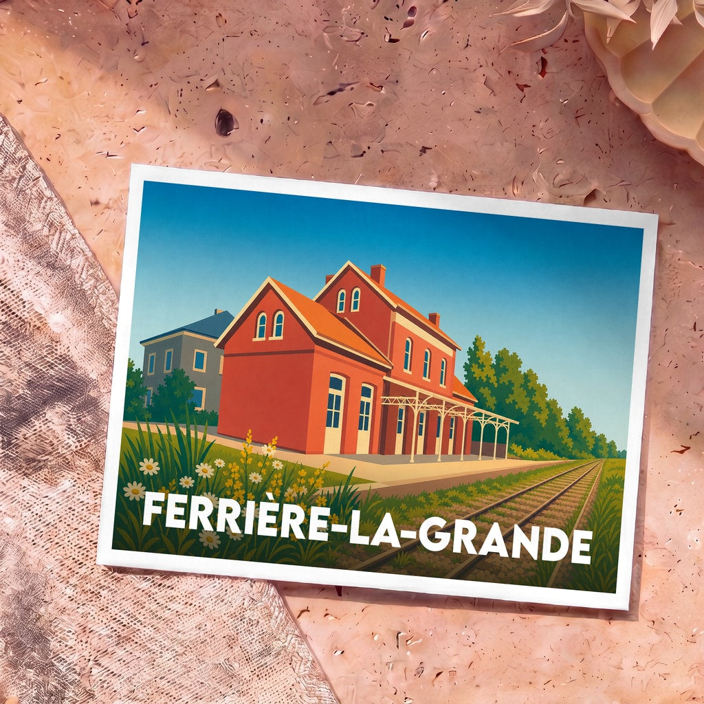 Carte postale souvenir de la ville de Ferrière-la-Grande avec une illustration stylisée de son ancienne gare.