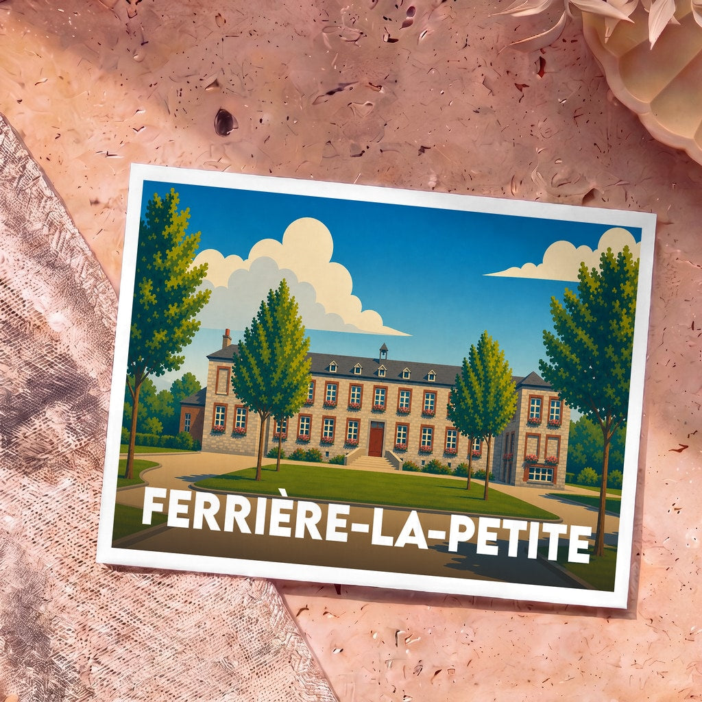 Carte postale souvenir de la ville de Ferrière-la-Petite illustrant un grand bâtiment traditionnel entouré d'arbres.