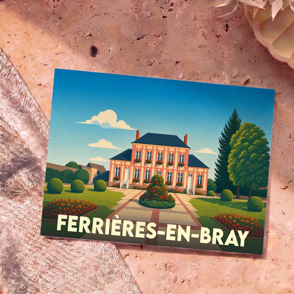 Carte postale souvenir de la ville de Ferrières-en-Bray avec une illustration stylisée de sa mairie.
