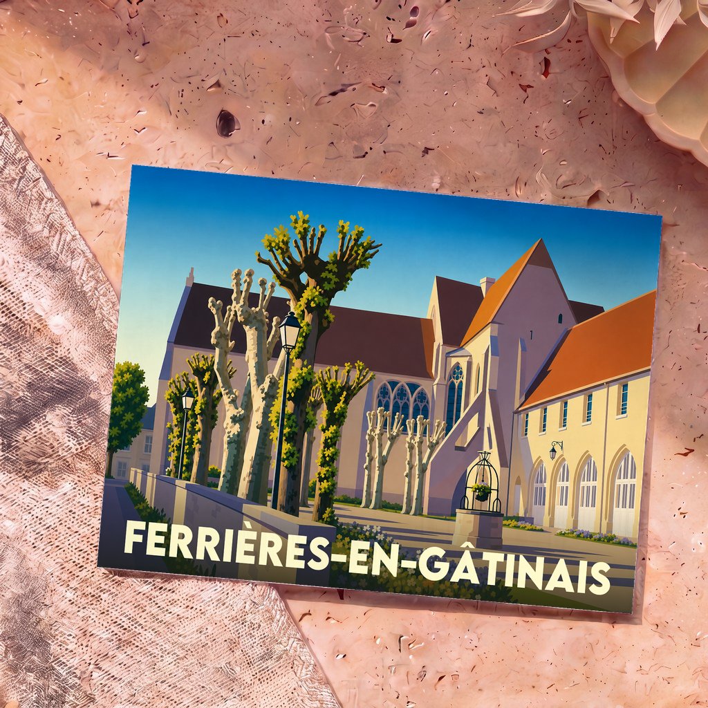 Carte postale souvenir de la ville de Ferrières-en-Gâtinais avec une illustration stylisée de son abbaye et de ses arbres taillés.