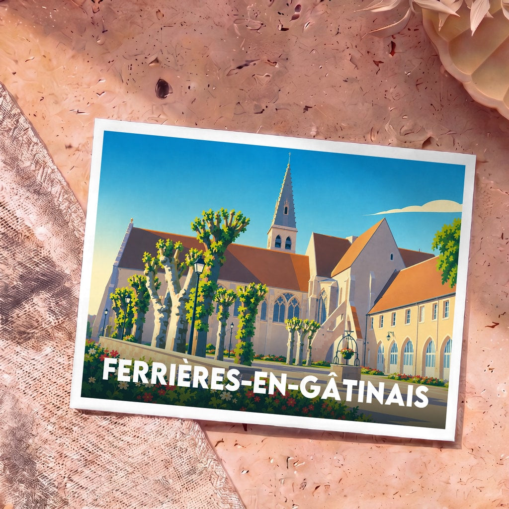 Carte postale souvenir de la ville de Ferrières-en-Gâtinais illustrant son abbaye dans un style graphique épuré.