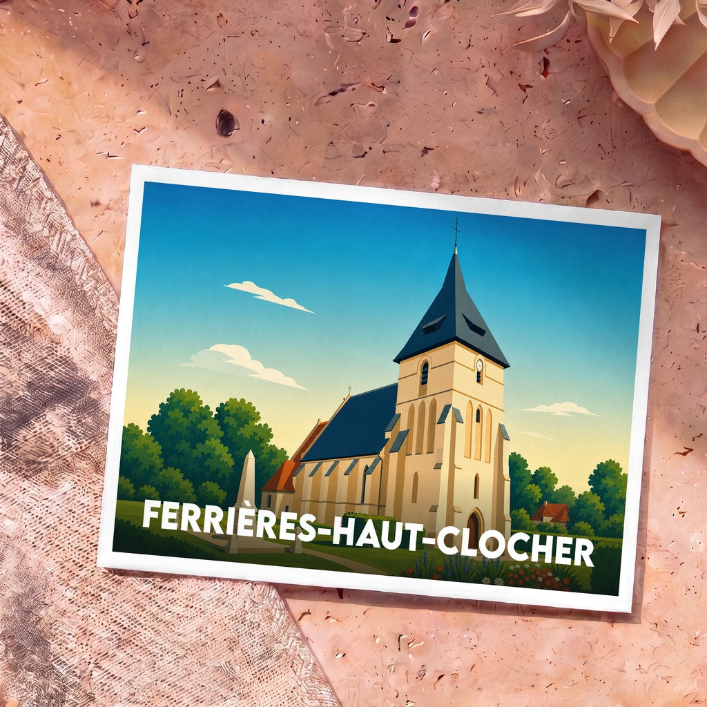 Carte postale souvenir de la ville de Ferrières-Haut-Clocher avec une illustration stylisée de son église.