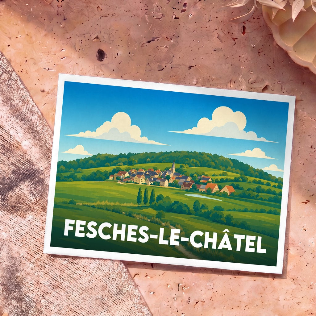 Carte postale souvenir de la ville de Fesches-le-Châtel avec une illustration stylisée de son paysage rural.