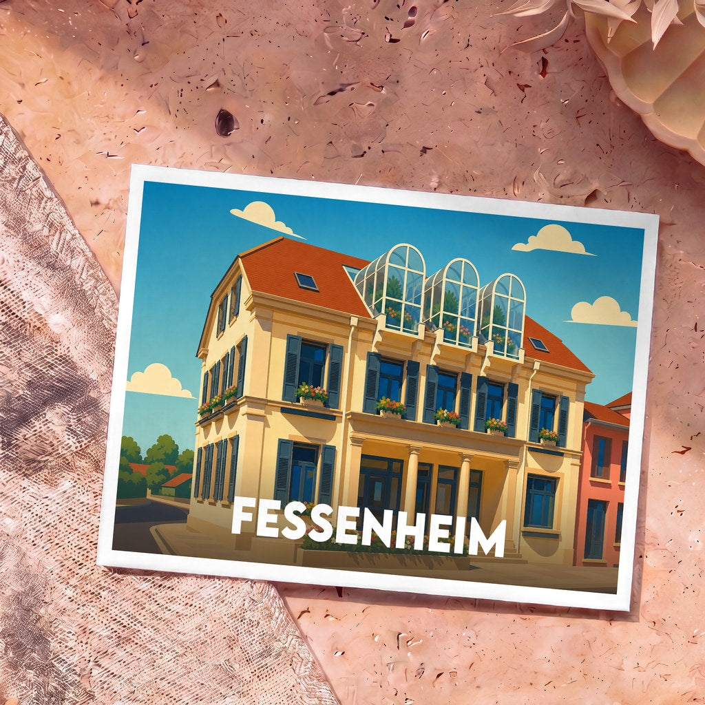 Carte postale souvenir de la ville de Fessenheim présentant une illustration stylisée d'un bâtiment alsacien coloré.