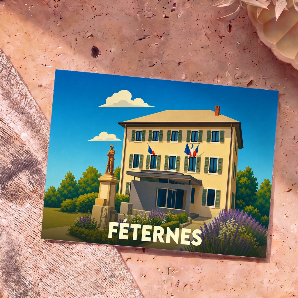 Carte postale souvenir de la ville de Féternes avec une illustration stylisée de sa mairie et de son monument aux morts.