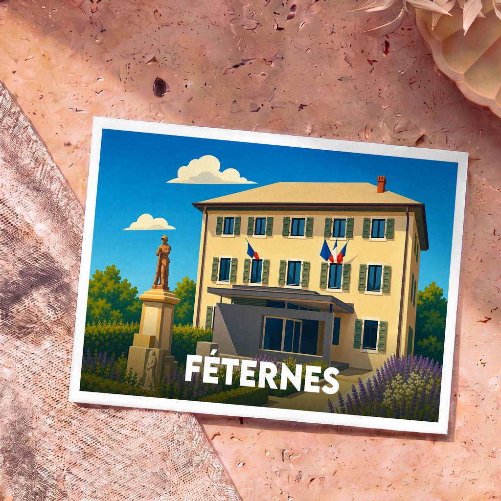 Carte postale souvenir de la ville de Féternes avec une illustration stylisée de sa mairie et de son monument aux morts.