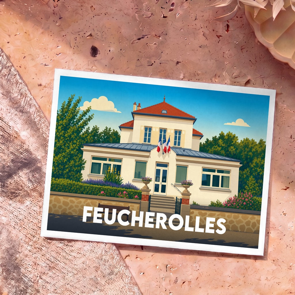 Carte postale souvenir de la ville de Feucherolles avec une illustration stylisée de sa mairie.