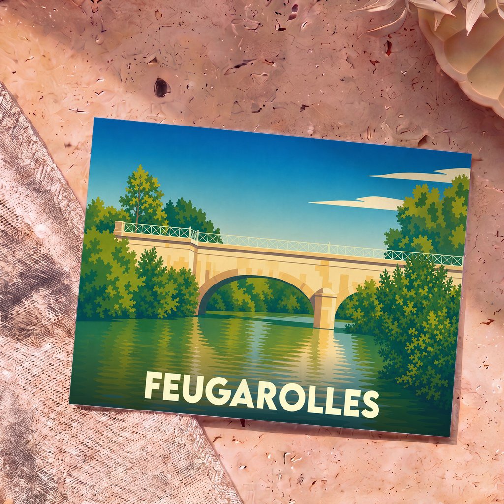 Carte postale souvenir de la ville de Feugarolles avec une illustration stylisée d'un pont en pierre au-dessus de l'eau.