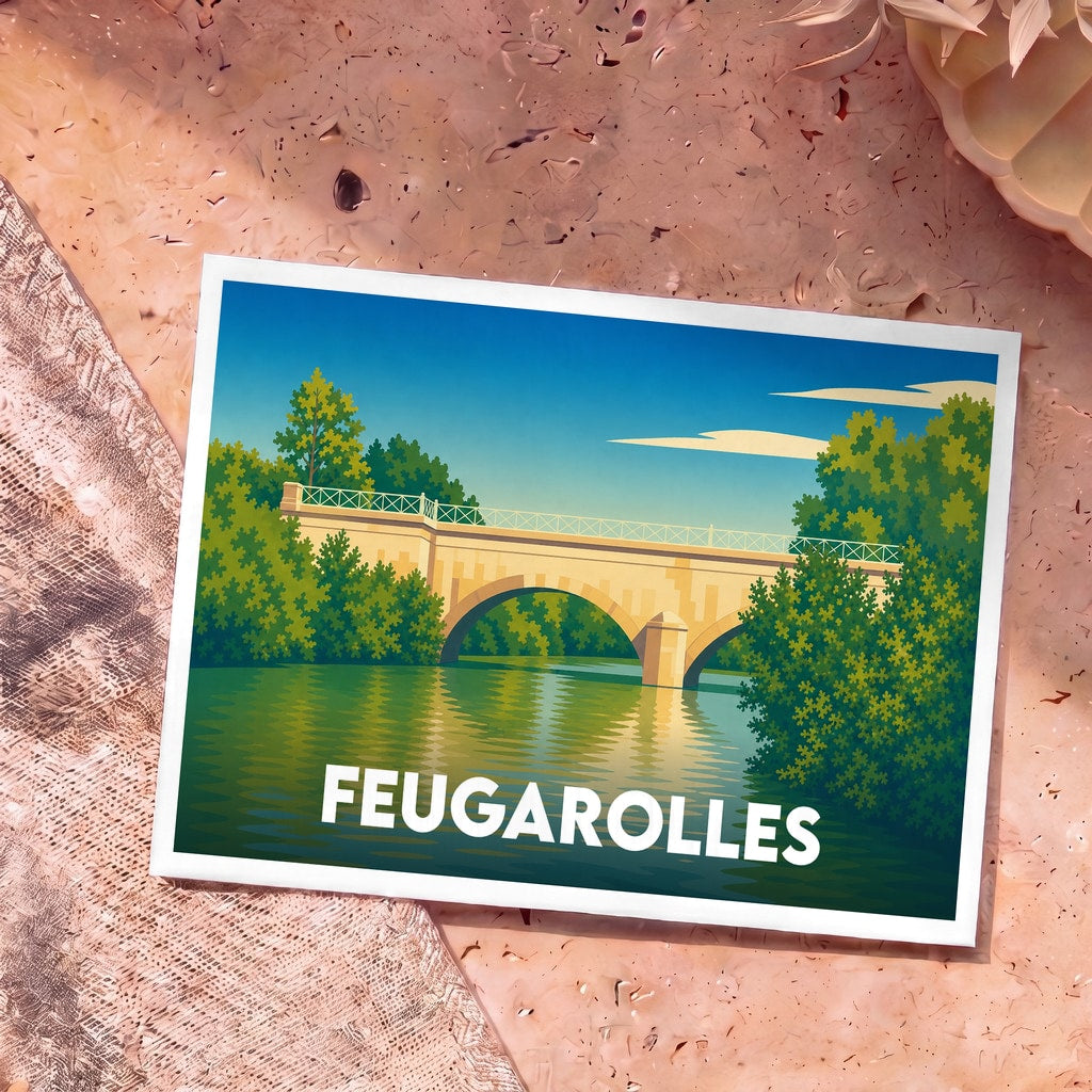 Carte postale souvenir de la ville de Feugarolles avec une illustration stylisée d'un pont en pierre au-dessus de l'eau.