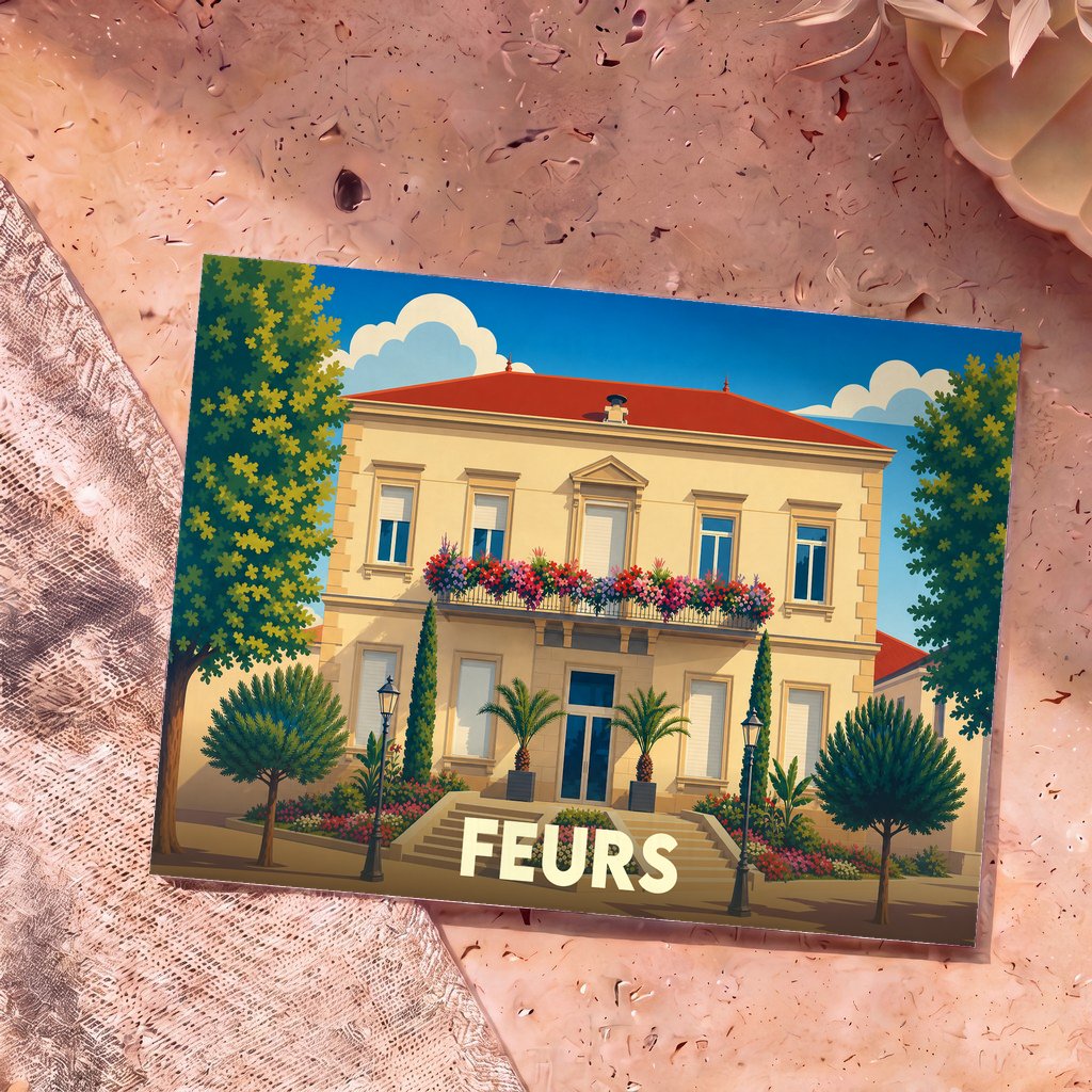 Carte postale souvenir de la ville de Feurs avec une illustration stylisée d'un bâtiment élégant et fleuri.