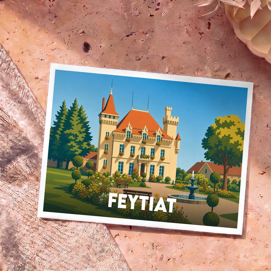 Carte postale souvenir de la ville de Feytiat avec une illustration stylisée d'un château et ses jardins.