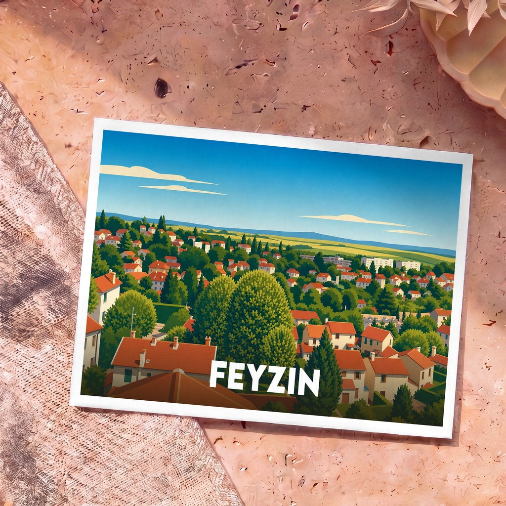 Carte postale souvenir de la ville de Feyzin avec une illustration stylisée et colorée de ses habitations.