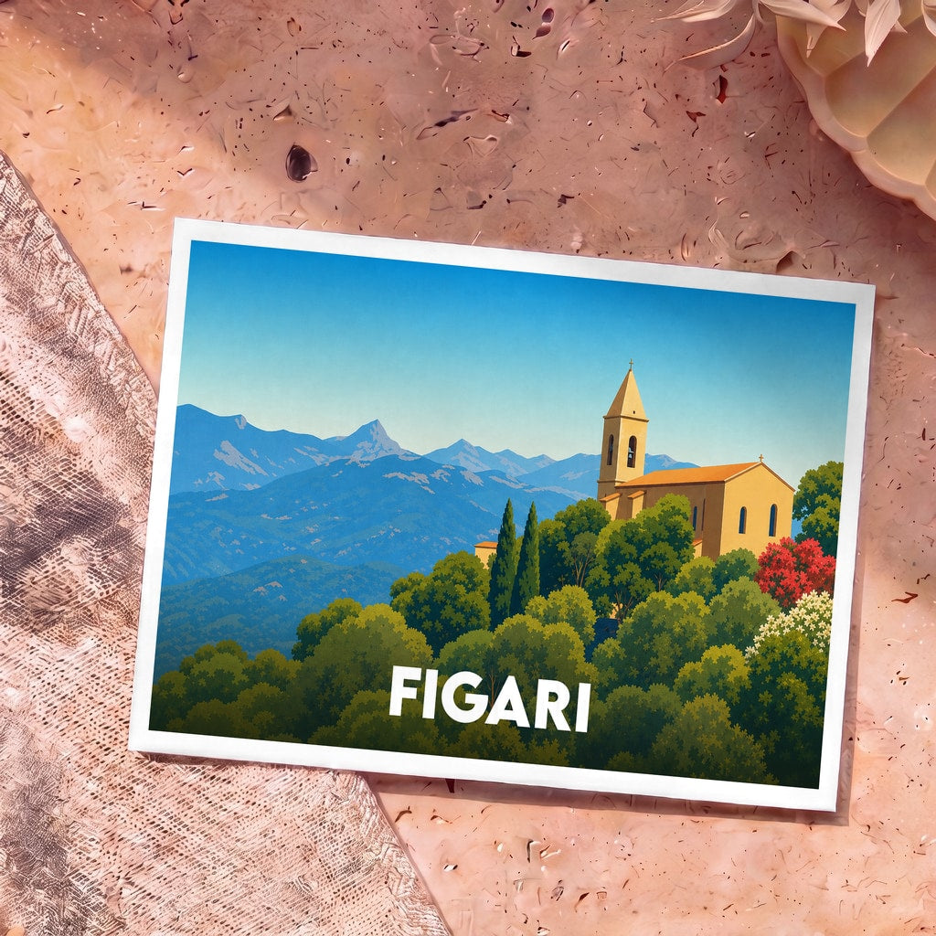 Carte postale souvenir de la ville de Figari avec une illustration stylisée d'une église nichée dans une montagne verdoyante.