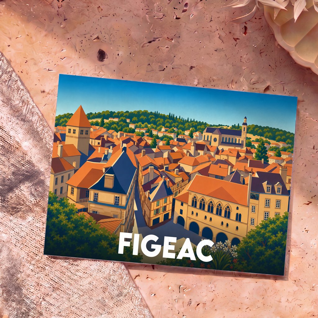 Carte postale souvenir de la ville de Figeac illustrant son architecture médiévale dans un style coloré et épuré.