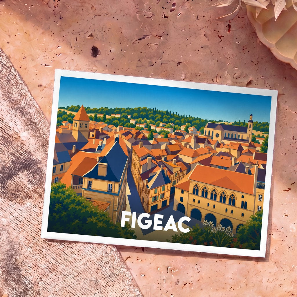 Carte postale souvenir de la ville de Figeac illustrant son architecture médiévale dans un style coloré et épuré.