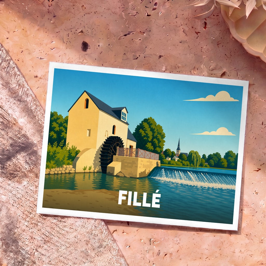 Carte postale souvenir de la ville de Fillé illustrant un moulin à eau au bord d'une rivière dans un style graphique épuré.
