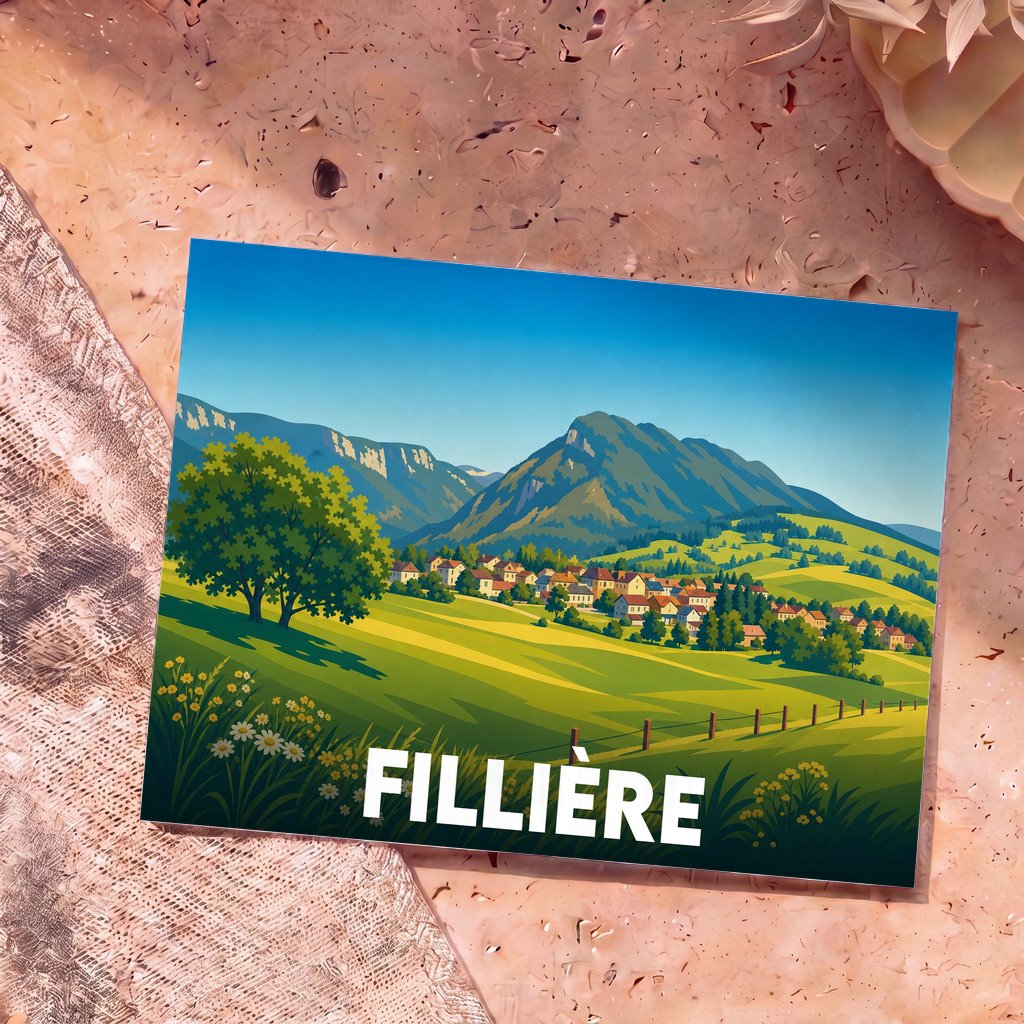 Carte postale souvenir de la ville de Fillière avec une illustration stylisée de son paysage montagneux.
