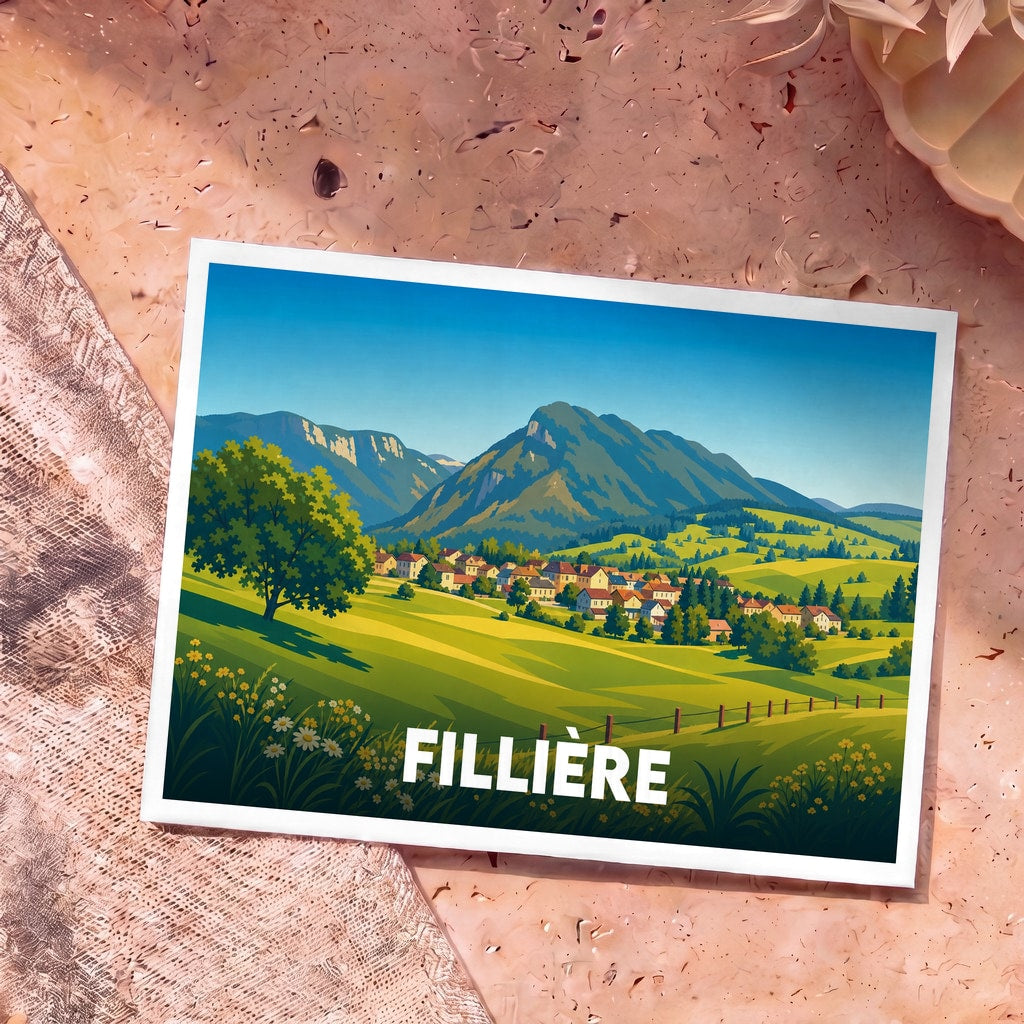 Carte postale souvenir de la ville de Fillière avec une illustration stylisée de son paysage montagneux.
