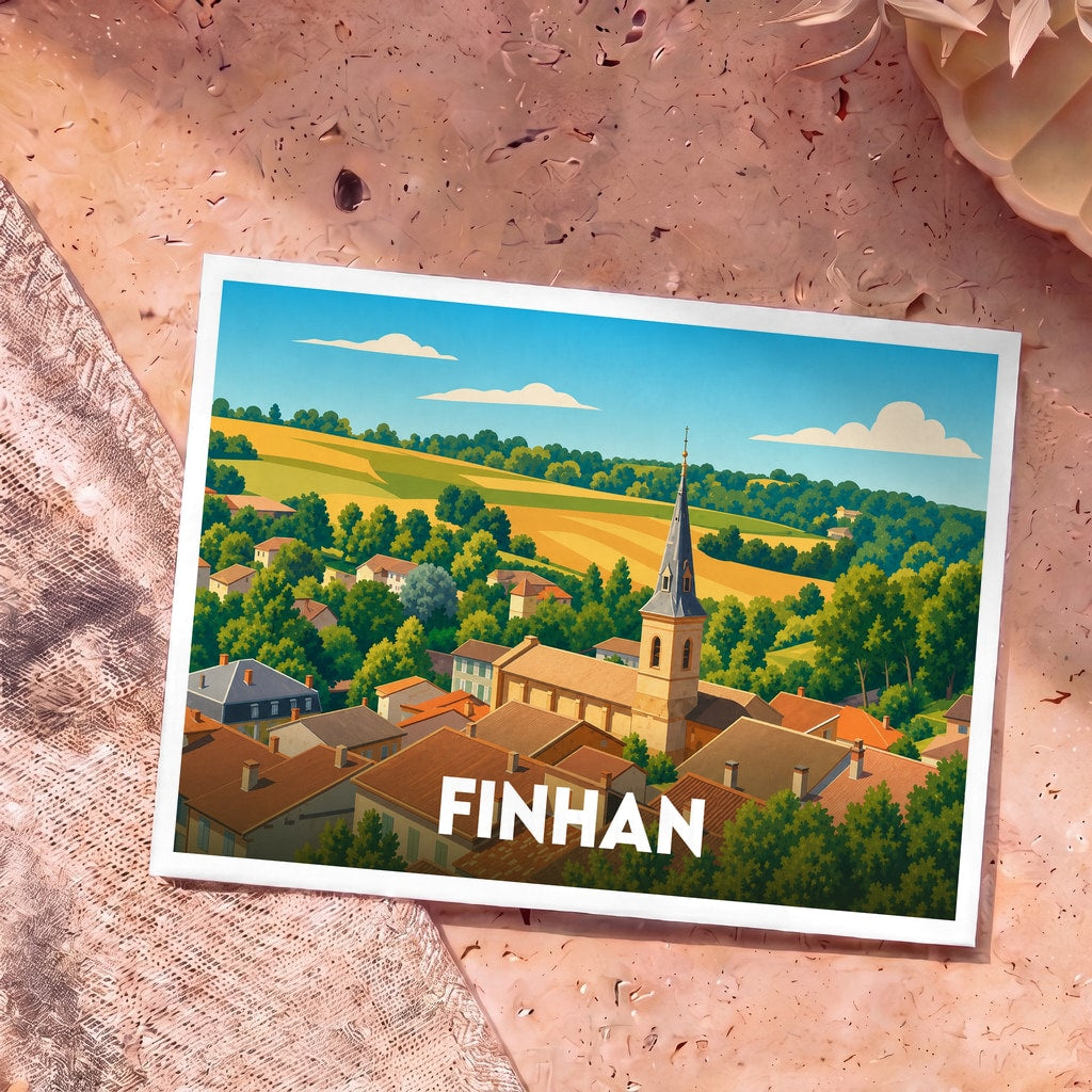 Carte postale souvenir de la ville de Finhan présentant une illustration stylisée de son église et de ses paysages vallonnés.