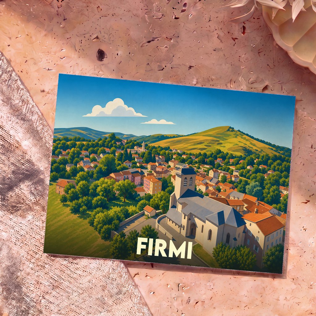 Carte postale souvenir de la ville de Firmi présentant une illustration stylisée et colorée de ses paysages et de son église.