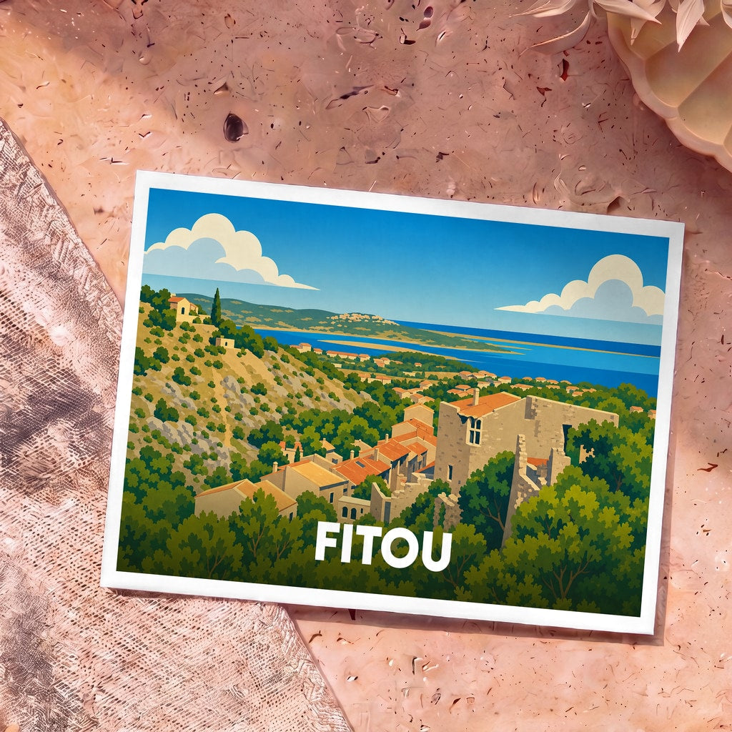 Carte postale souvenir de la ville de Fitou illustrée d'un paysage méditerranéen stylisé.