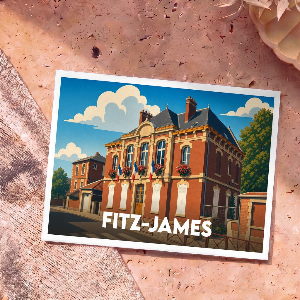 Carte postale souvenir de la ville de Fitz-James illustrant sa mairie dans un style graphique épuré.