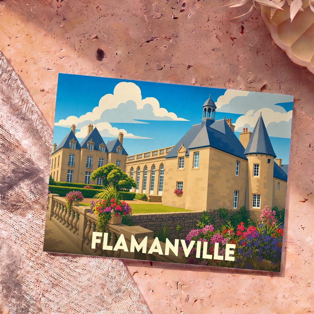 Carte postale souvenir de Flamanville illustrant son château dans un style graphique et coloré.