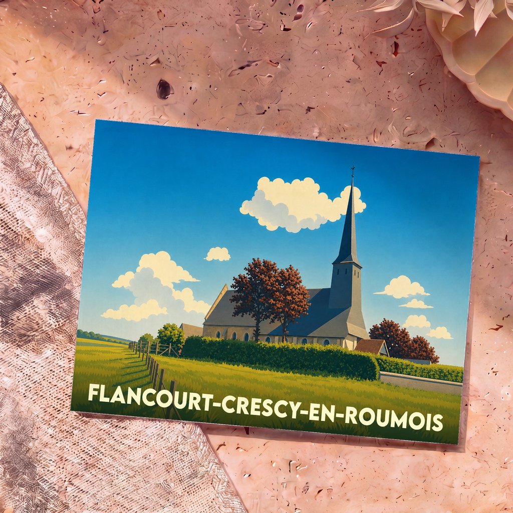Carte postale souvenir de la ville de Flancourt-Crescy-en-Roumois avec une illustration stylisée d'une église de campagne sous un ciel bleu.