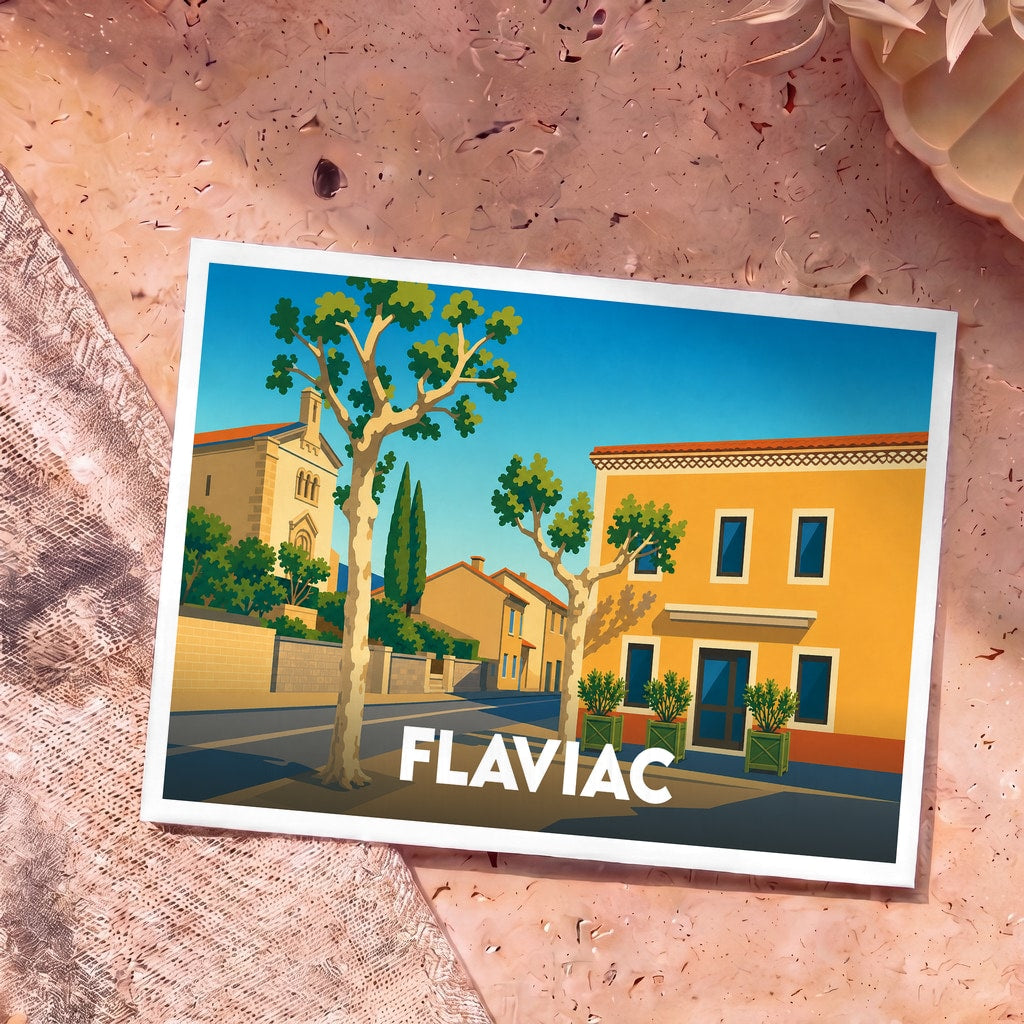 Carte postale souvenir de la ville de Flaviac avec une illustration stylisée et colorée.