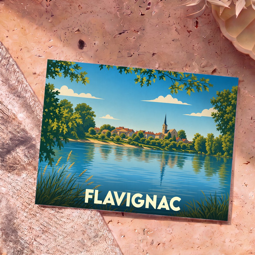 Carte postale souvenir de la ville de Flavignac avec une illustration stylisée d'un village en bord d'eau.