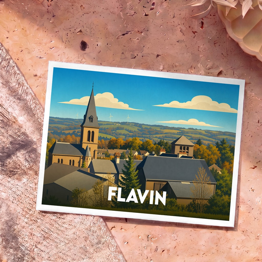 Carte postale souvenir de la ville de Flavin avec une illustration stylisée d'un clocher dominant un paysage vallonné.