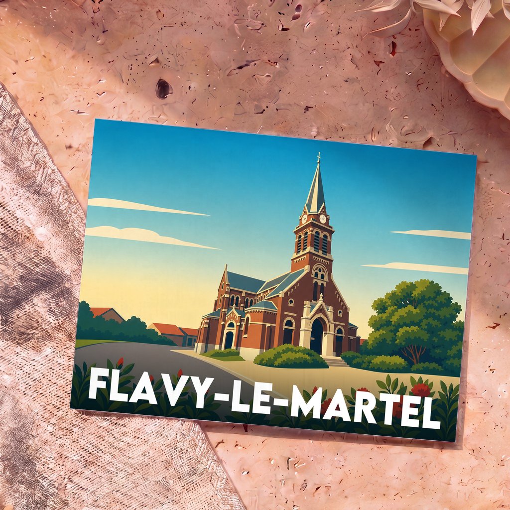 Carte postale souvenir de la ville de Flavy-le-Martel avec une illustration stylisée de son église.