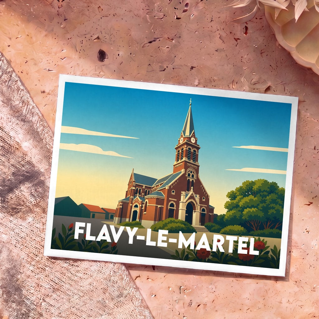 Carte postale souvenir de la ville de Flavy-le-Martel avec une illustration stylisée de son église.