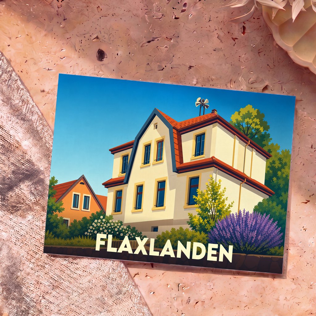 Carte postale souvenir de la ville de Flaxlanden avec une illustration stylisée de maisons colorées.