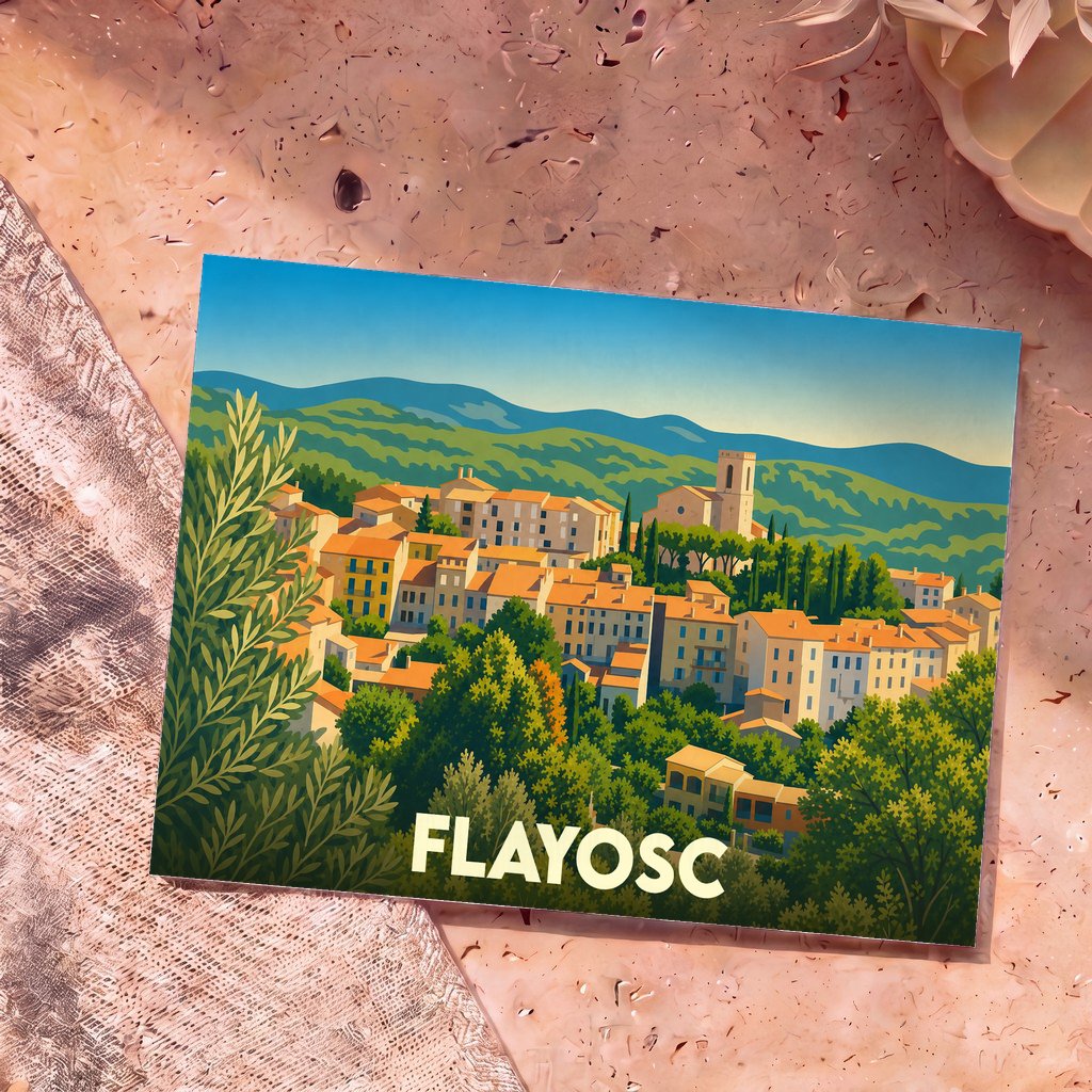 Carte postale souvenir de la ville de Flayosc avec une illustration stylisée et colorée de ses paysages provençaux.
