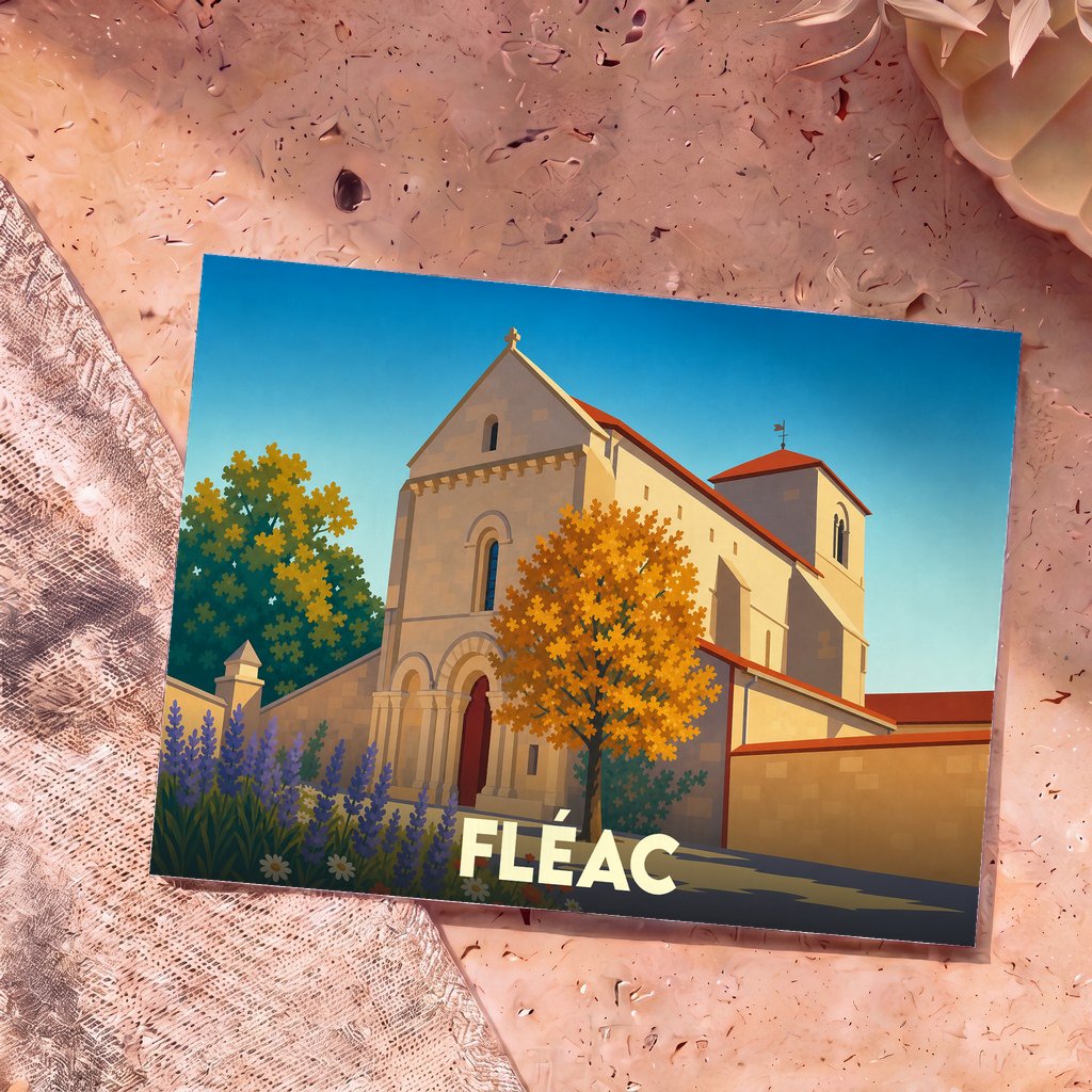 Carte postale souvenir de la ville de Fléac avec une illustration stylisée de son église romane.