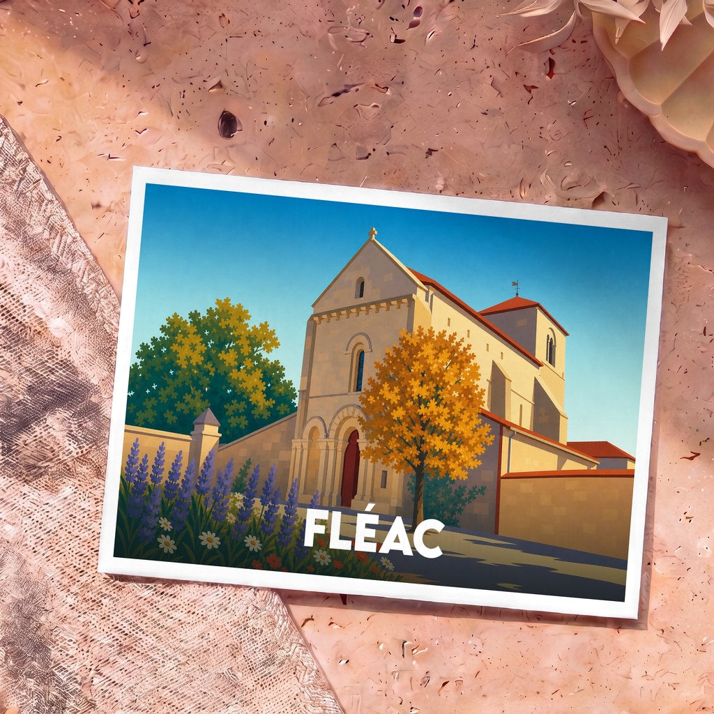 Carte postale souvenir de la ville de Fléac avec une illustration stylisée de son église romane.