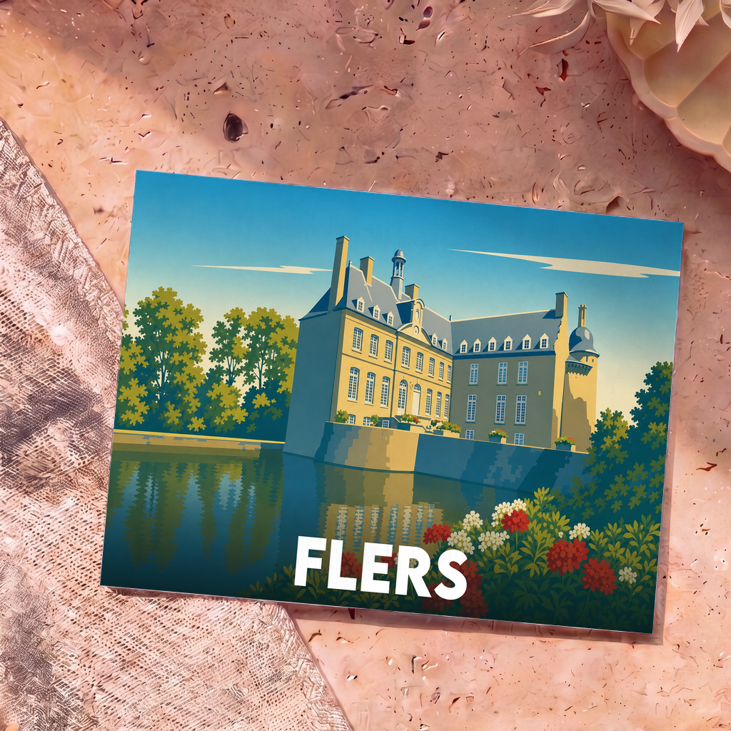 Carte postale souvenir de la ville de Flers illustrant son château au bord de l'eau dans un style graphique épuré.