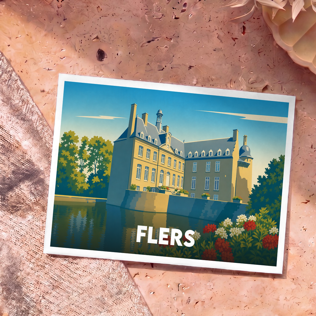 Carte postale souvenir de la ville de Flers illustrant son château au bord de l'eau dans un style graphique épuré.