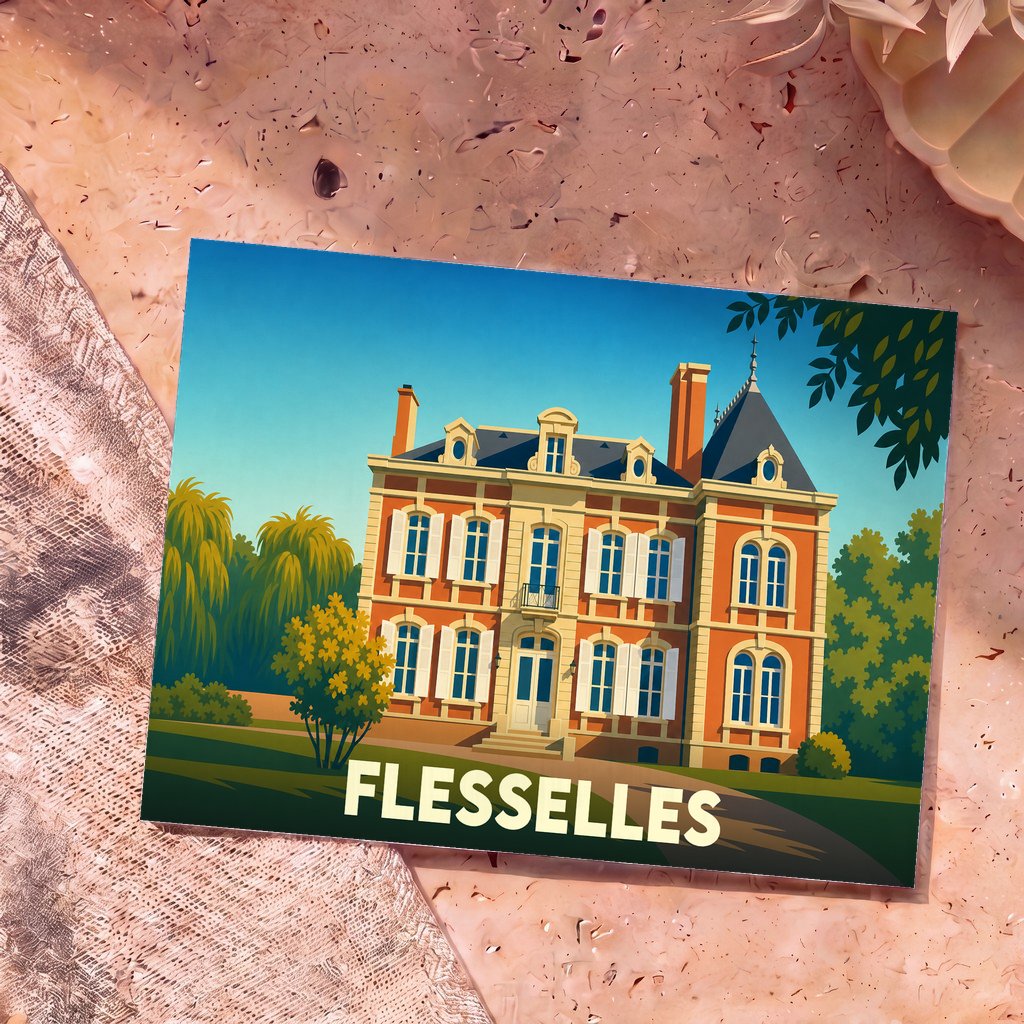 Carte postale souvenir de la ville de Flesselles avec une illustration stylisée d'une grande demeure bourgeoise.