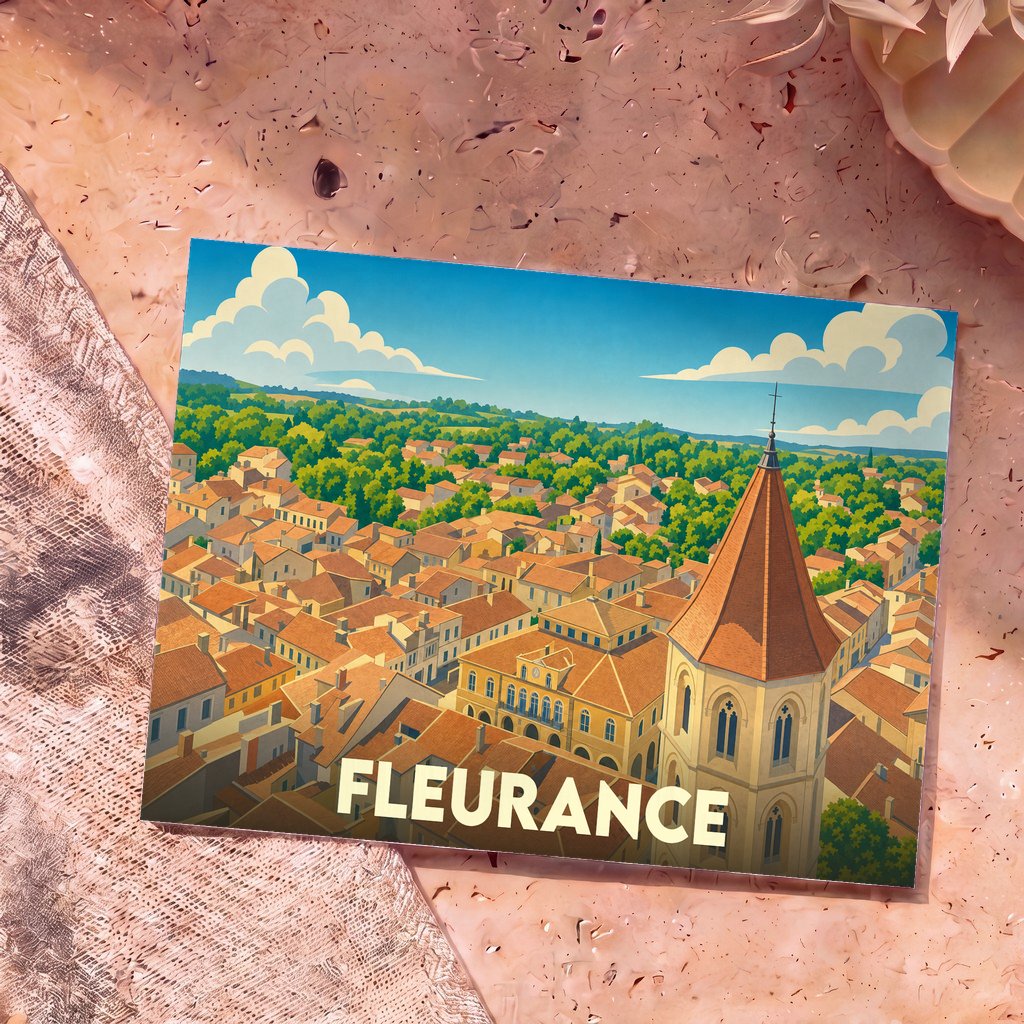 Carte postale souvenir de la ville de Fleurance illustrant un panorama urbain coloré avec son église emblématique.